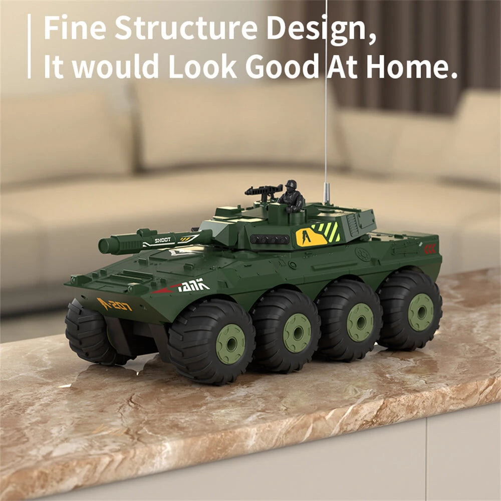 Toy tank on a marble surface with text about its design.