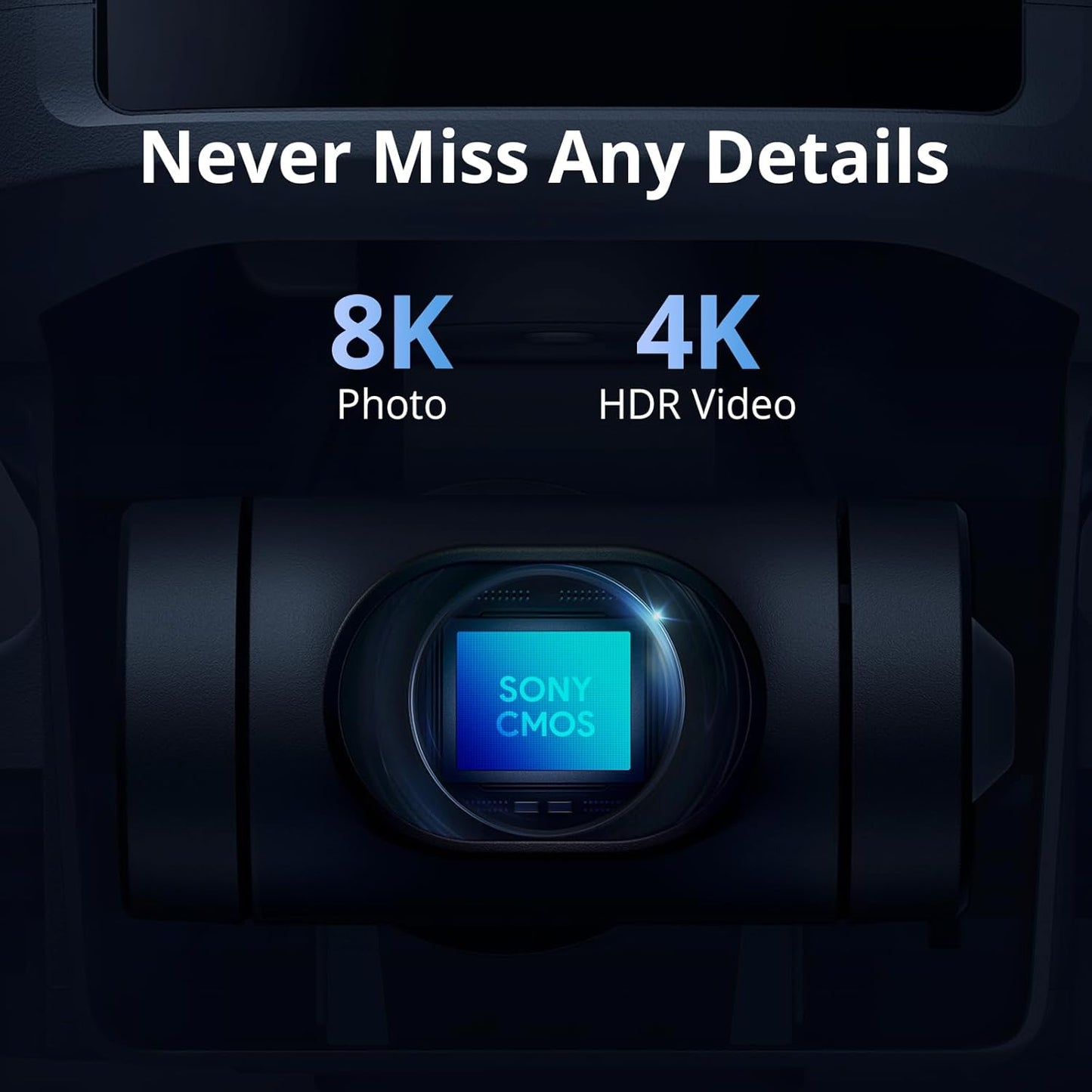 Camera sensor with 'Sony CMOS' display and text 'Never Miss Any Details' on 8K photo and 4K HDR video capabilities.