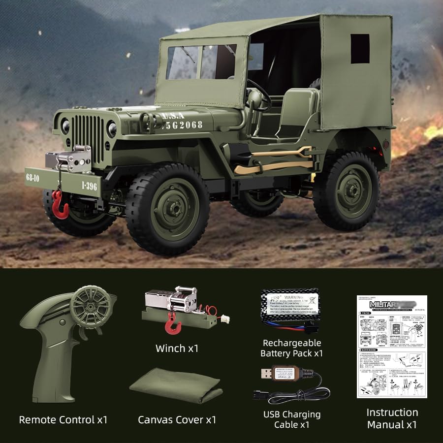 1/10 Willys MB Jeep 4WD Ready to Run RC Crawler with Tarpaulin and LED Lights