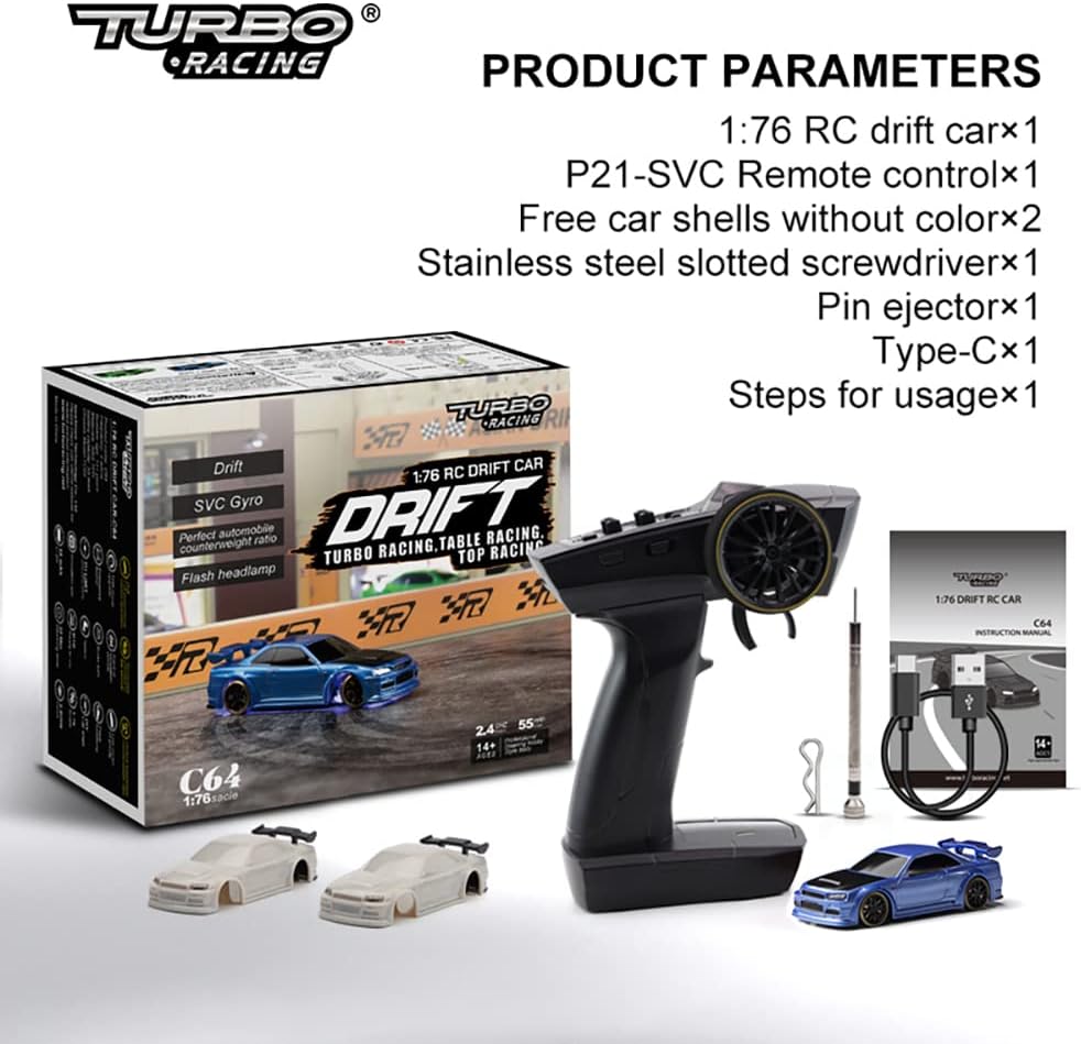 FLYCOLOR Turbo Racing C64 1:76 RWD Ready to Run Drift RC Car with Gyro and LED Lights