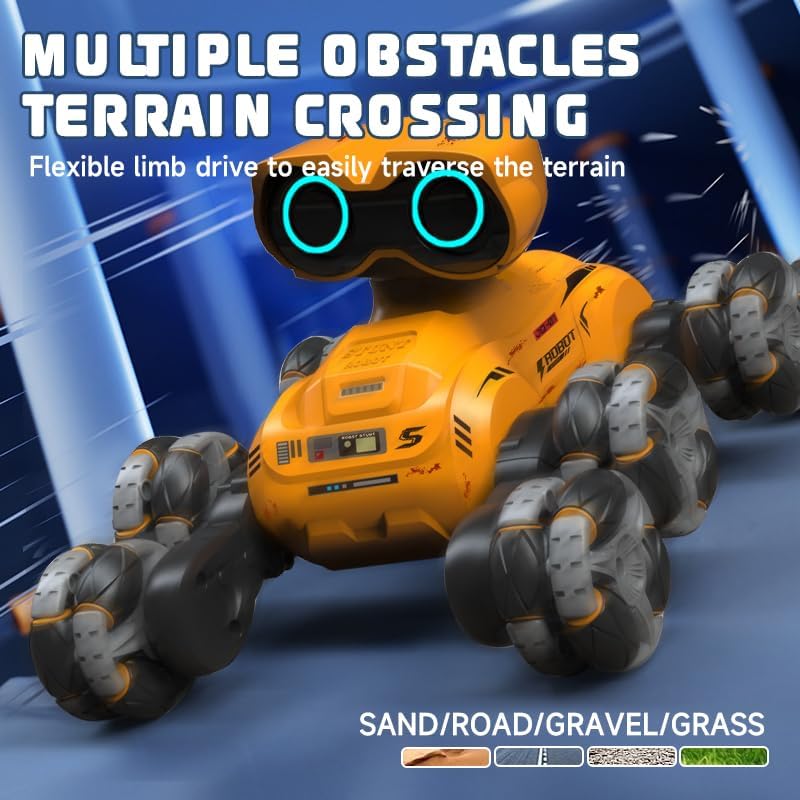 Kids RC robot stunt car toy with multiple wheels, designed for different terrain crossing.