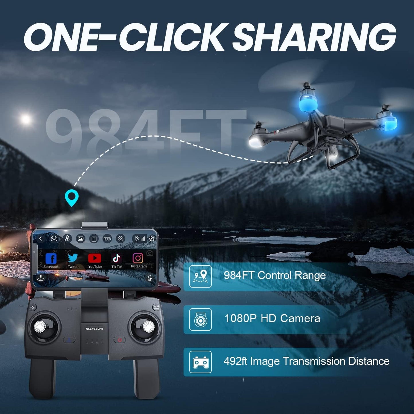 Drone and controller with 'One-Click Sharing' feature displayed against a mountainous landscape.