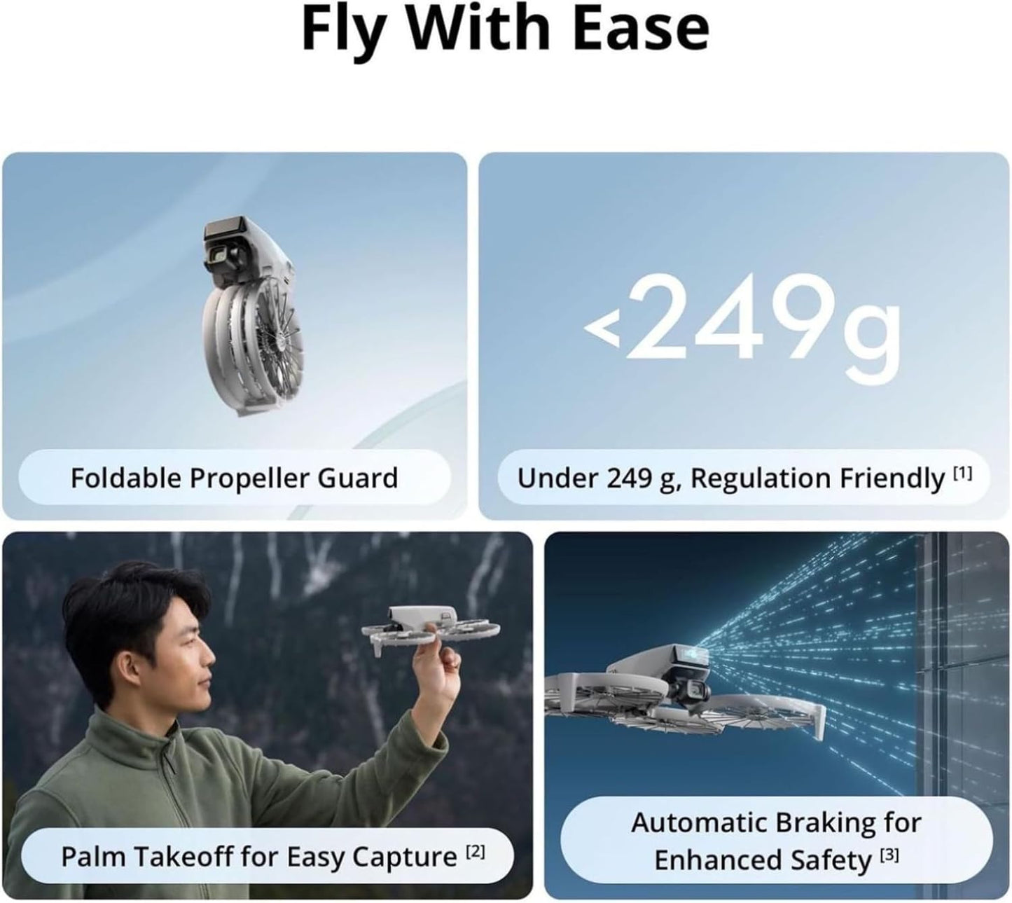 Product features with text 'Fly With Ease' including a foldable propeller guard, weight under 249g, palm takeoff, and automatic braking.