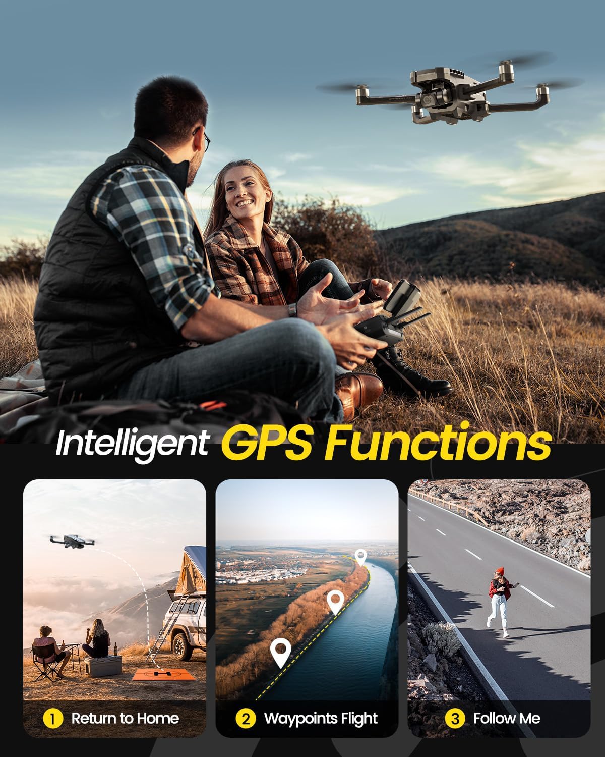 Two people sitting on a grassy hill with a drone, featuring intelligent GPS functions.