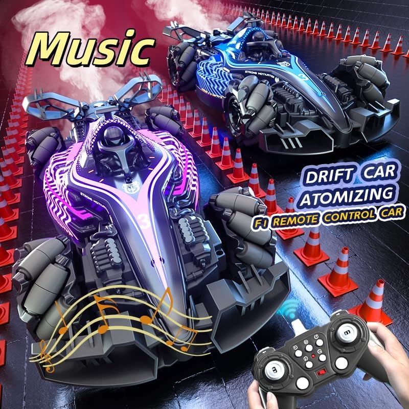 Two BEANGEL 4WD remote control cars with LED lights and music feature, surrounded by traffic cones on a dark surface.