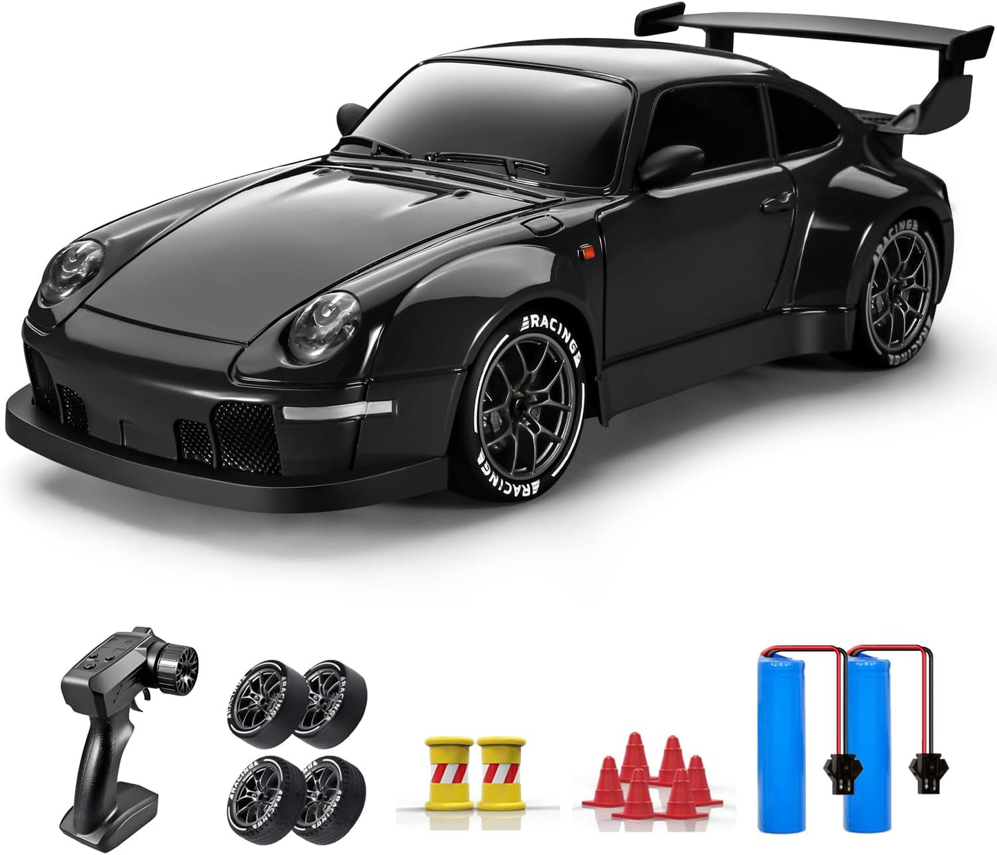 Black ACAMMZAR 1/24 scale RC drift car package with controller, spare wheels, traffic cones, and two rechargeable batteries