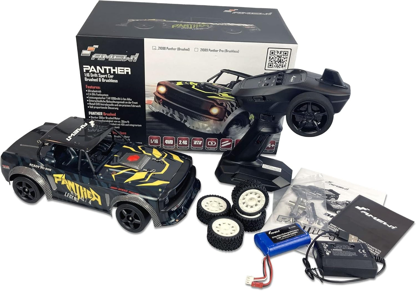 Amewi 21088 1/16 2WD Ready-to-Run RC Drift Car Black Panther with LED Lights