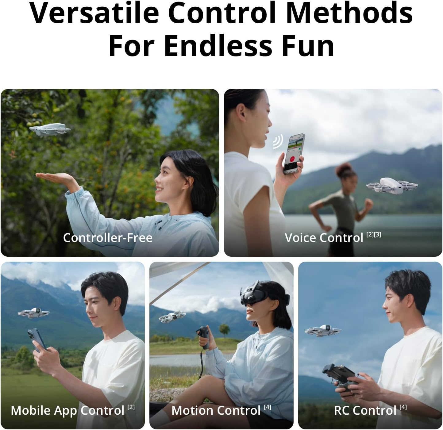 A collage of people using various control methods for a DJI Neo small drone in different settings.