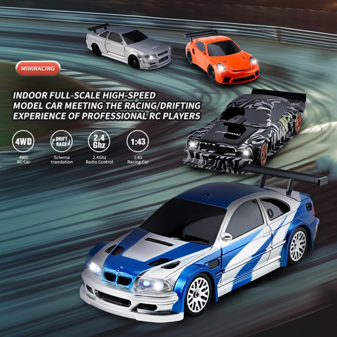 Mini RC Drift Car 1/43 4WD Ready to Run with BMW 3 Series-Inspired Body and LED Lights