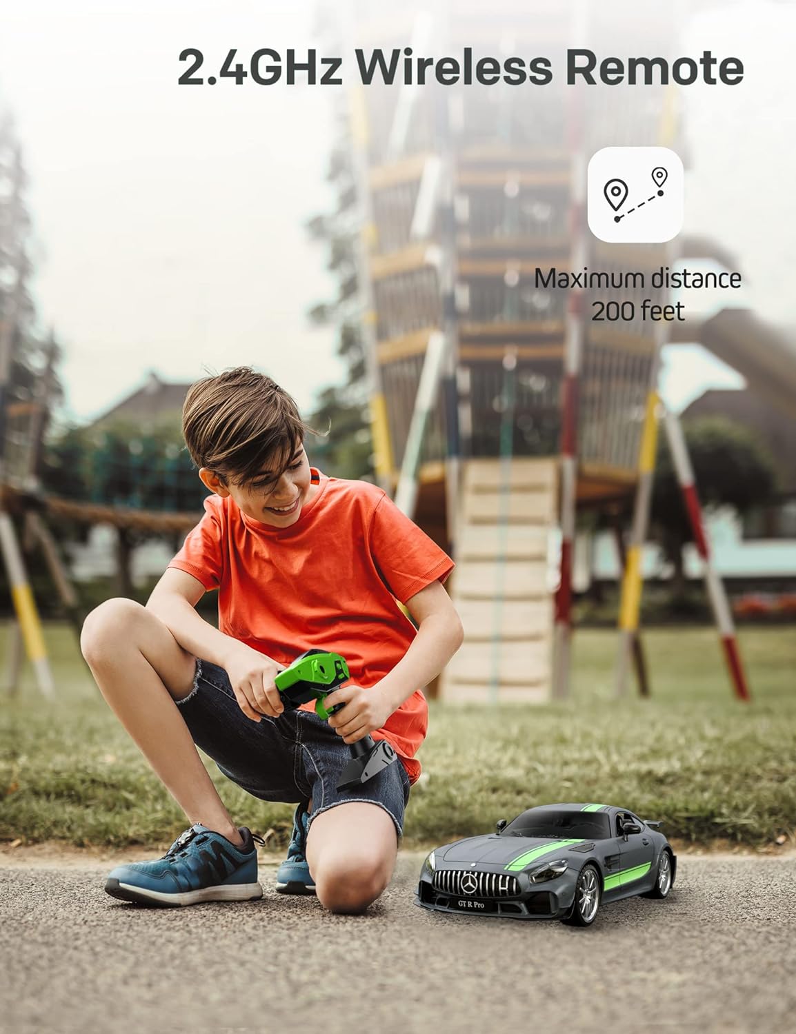 Child playing with MIEBELY 1/12 Mercedes-Benz GT-R Pro RC car on playground, 2.4GHz wireless remote