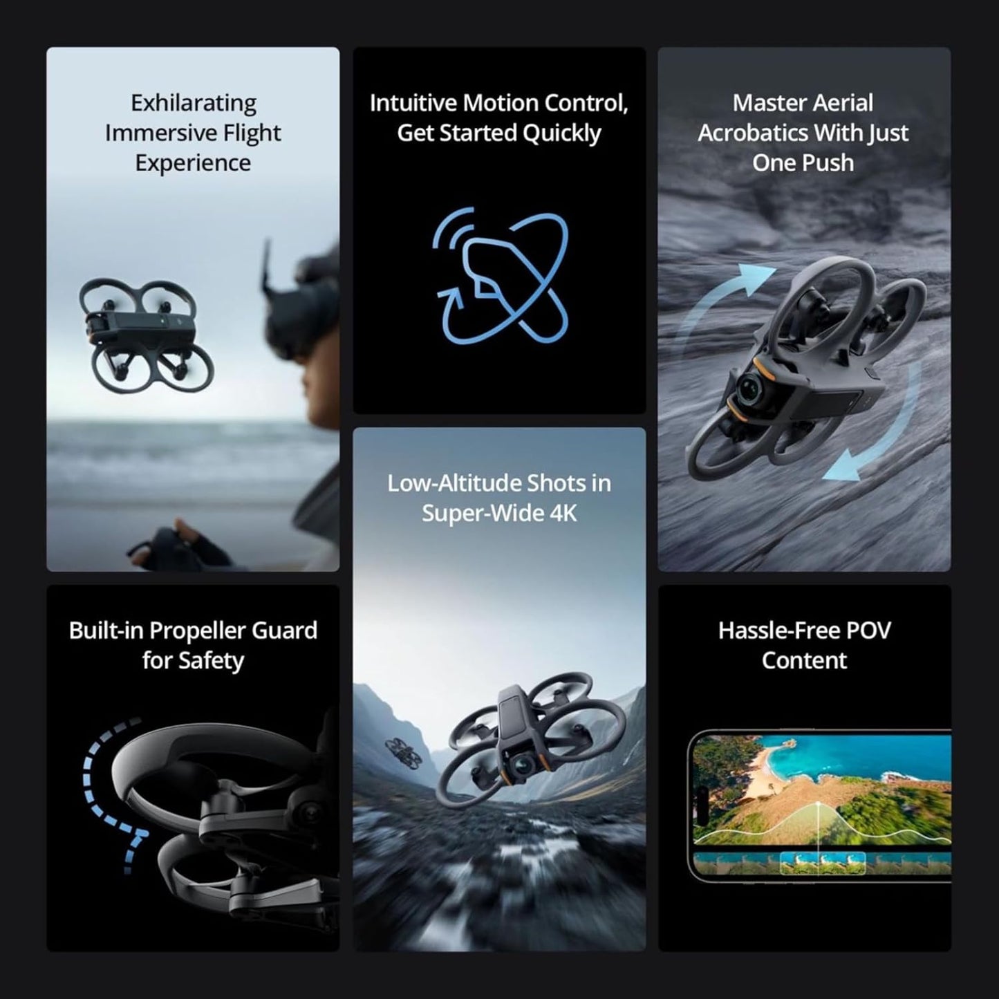 Promotional graphic of a DJI Avata 2 Fly More Combo FPV drone with features listed