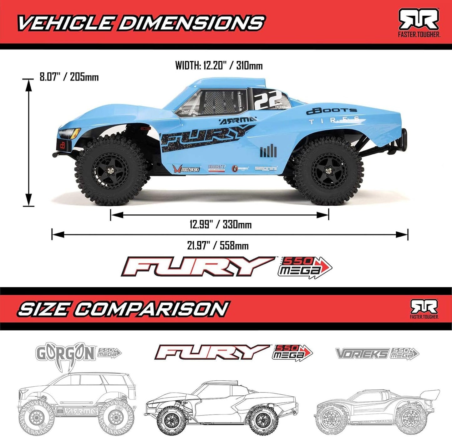 ARRMA Fury MEGA 550 2WD 1/10 Ready to Run Short Course Truck with Battery and Charger