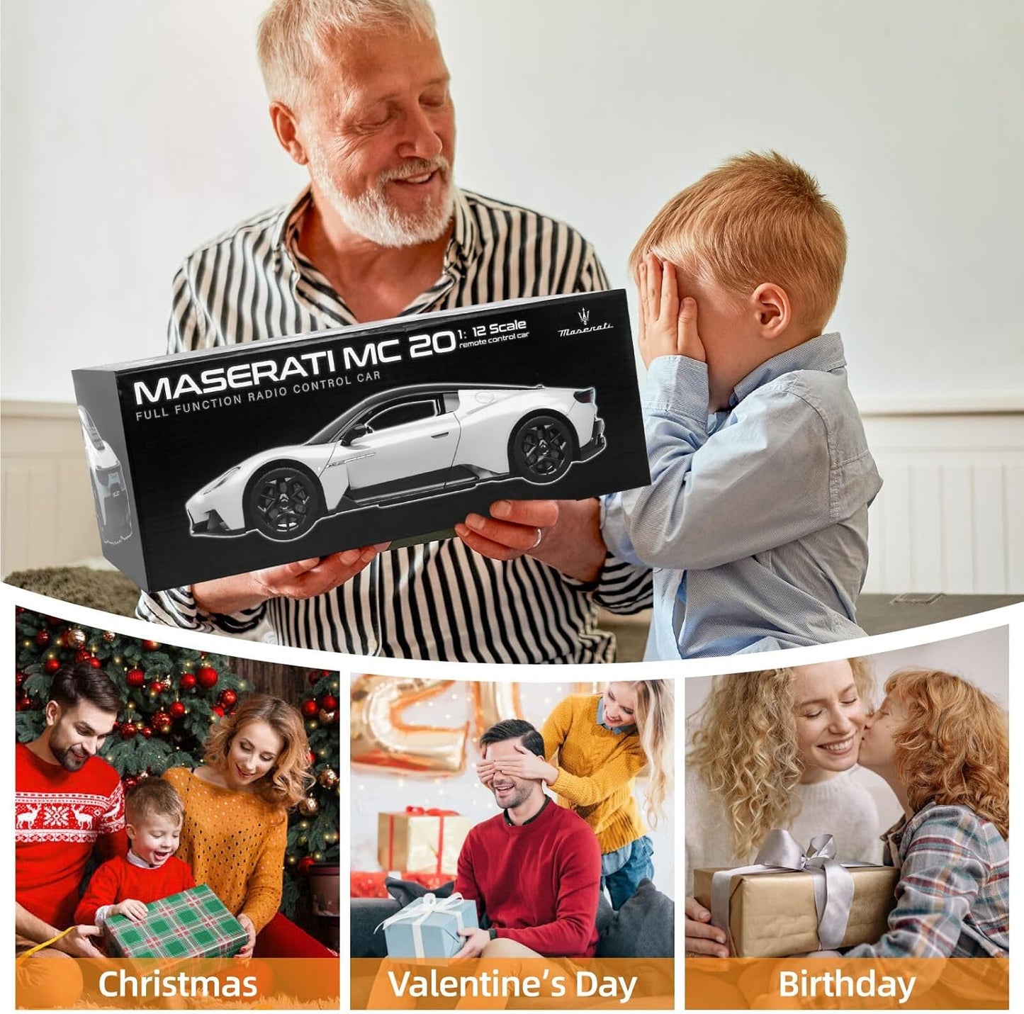 MIEBELY 1/12 Maserati MC20 Cielo RC car – man giving Maserati model car gift to child, family scenes at Christmas, Valentine's Day, and Birthday