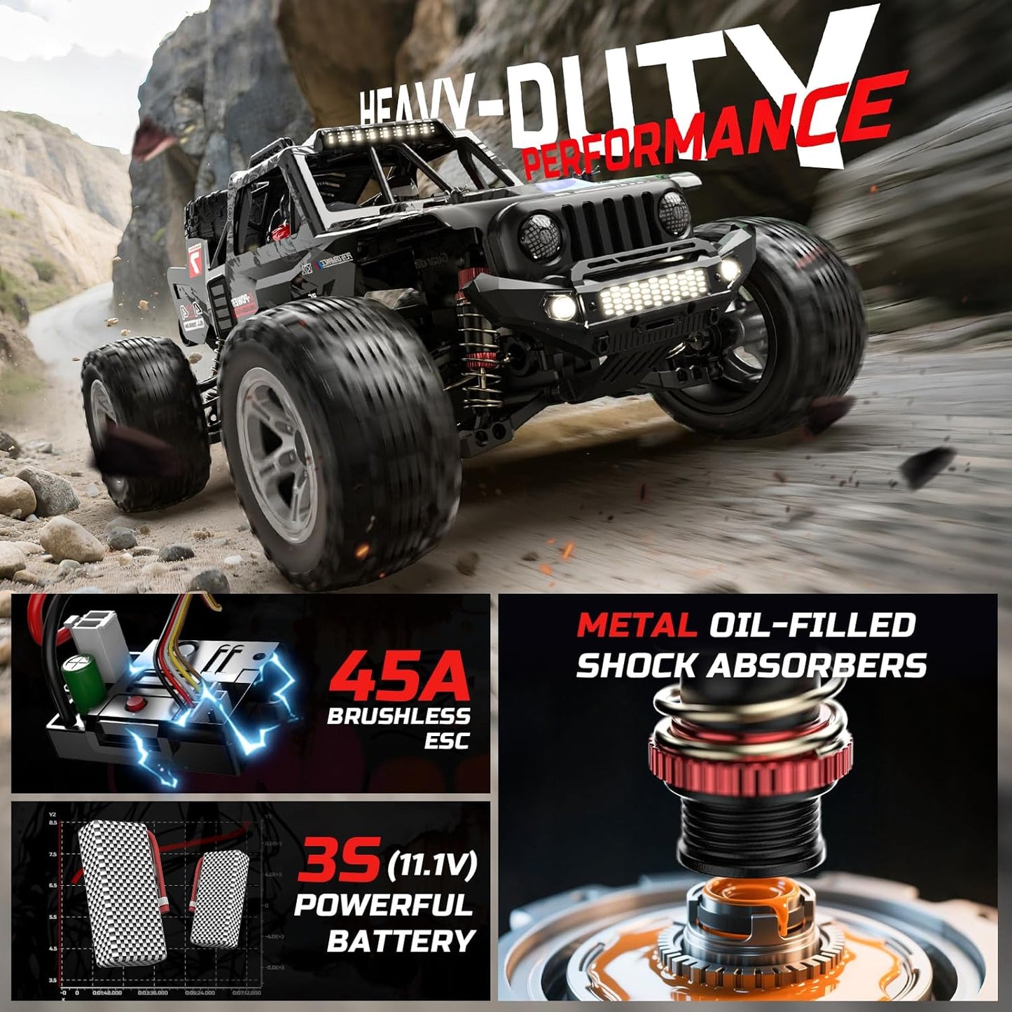 DEERC 207E 1/10 4WD Brushless Ready to Run Monster Truck with LED Lights