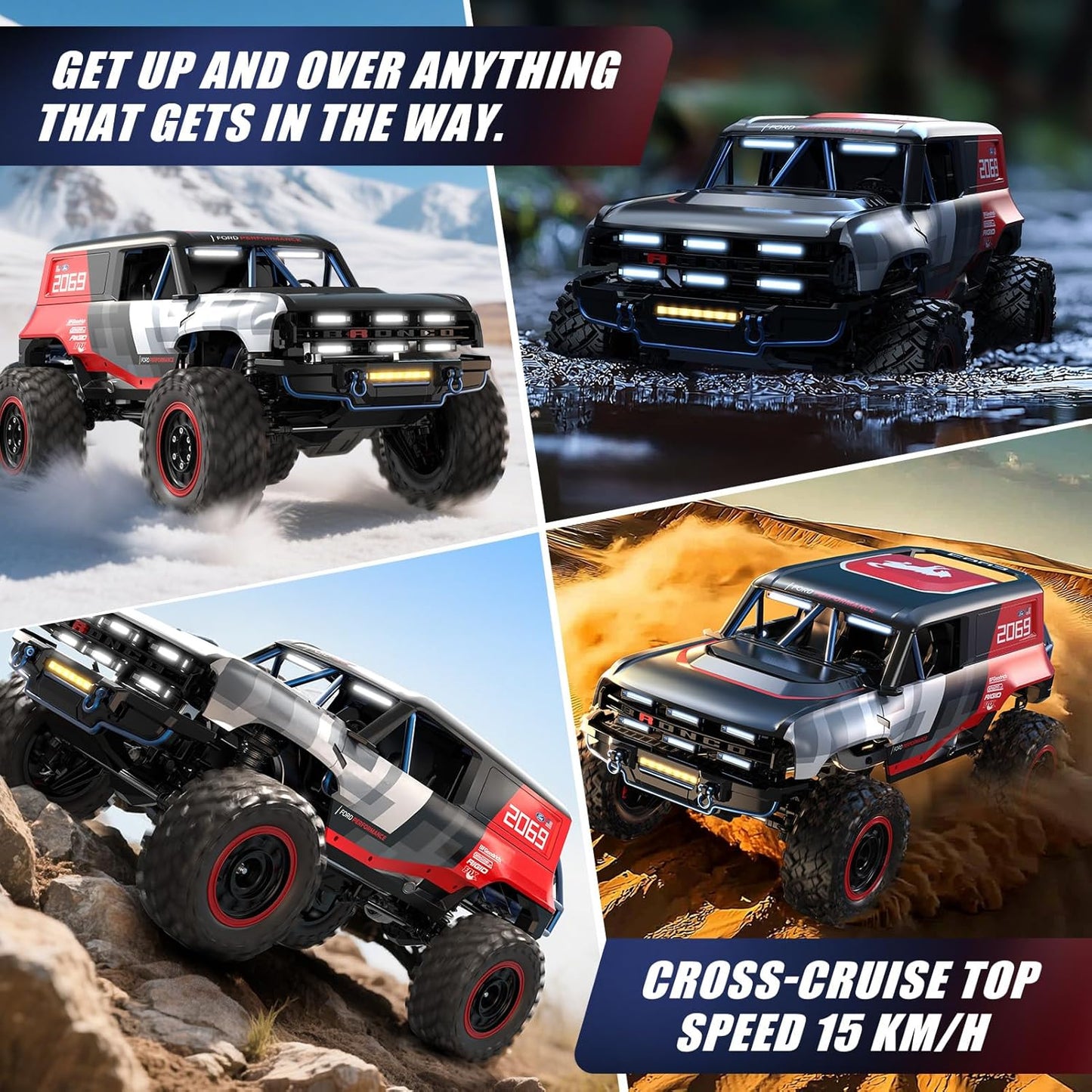 Collage of MJX Hyper Go H12P Ford Bronco RC crawler in various terrains with text about its capabilities.