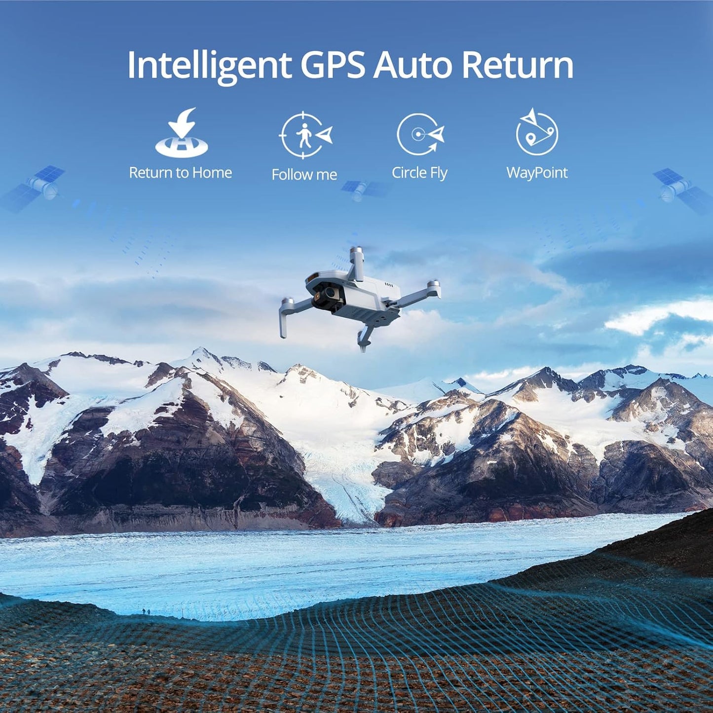 Foldable 4K camera drone flying over a mountain