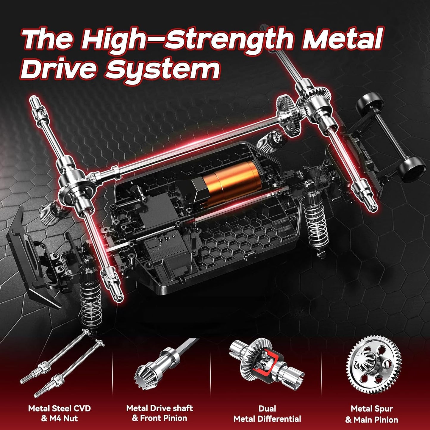 High-strength metal drive system with components on a dark background