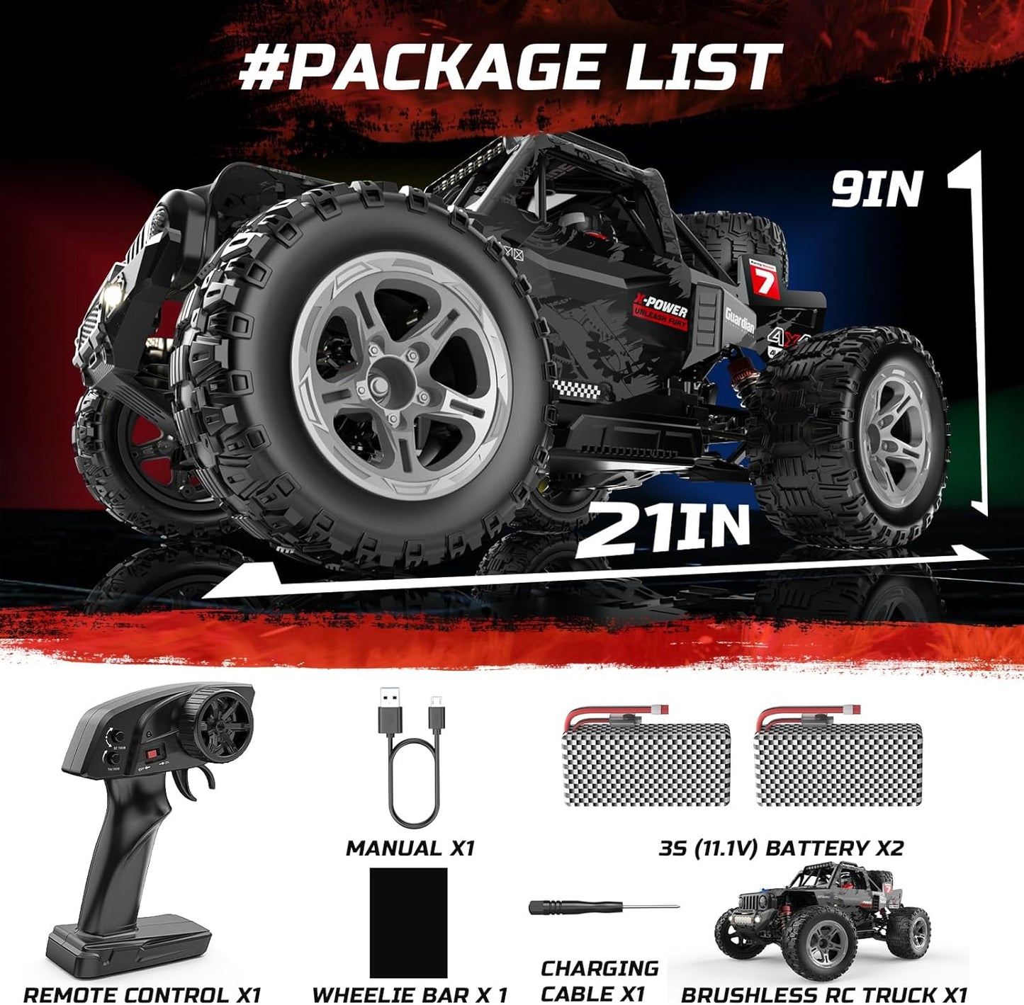 DEERC 207E 1/10 4WD Brushless Ready to Run Monster Truck with LED Lights