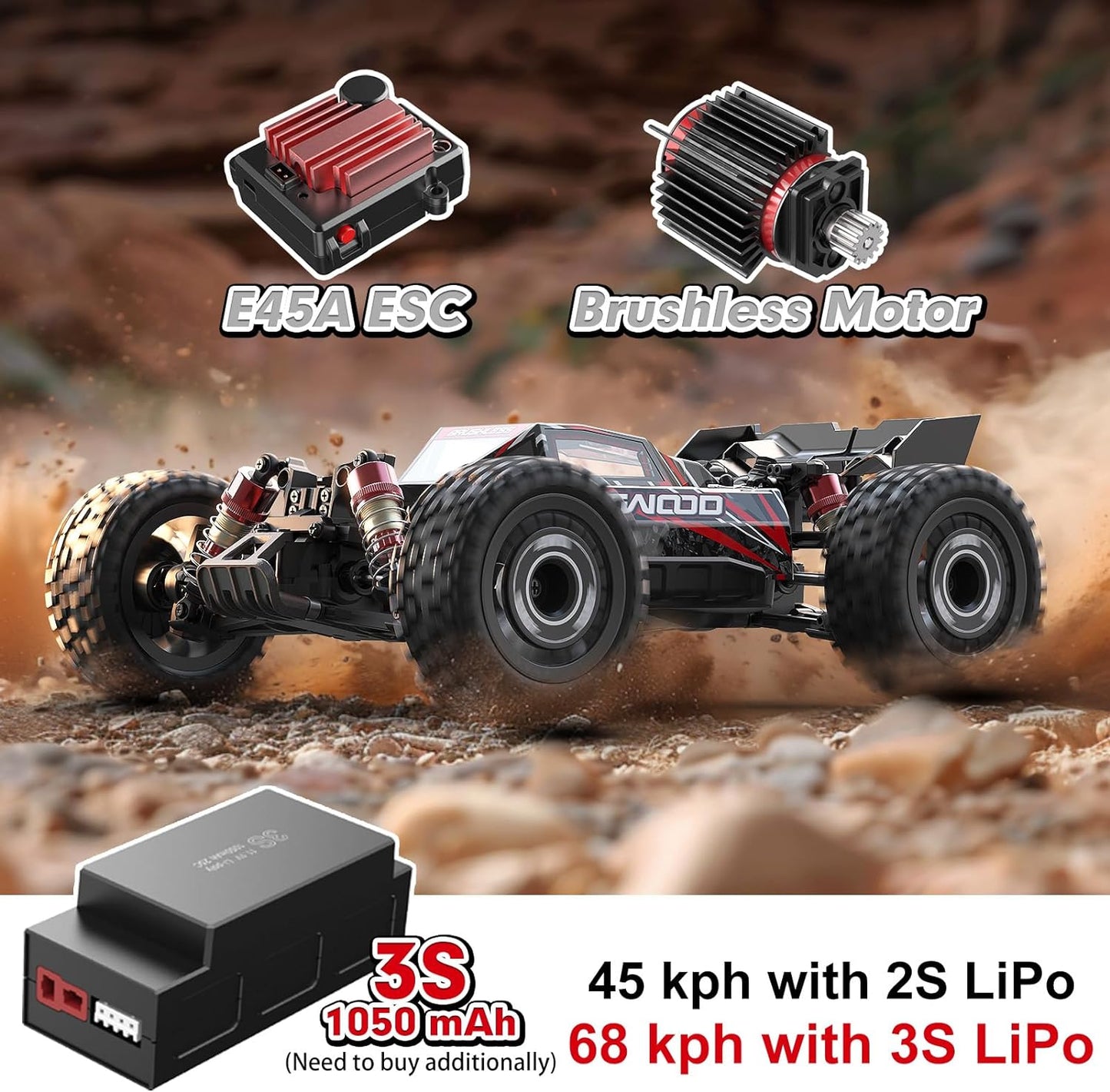 Jetwood 1/16 4WD Brushless Off-Road RC Buggy – Max 42 mph, Twinshell RTR