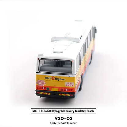 Xcratoys 1/64 RC city bus - rear view in white/yellow body showing LED taillights, rear bumper