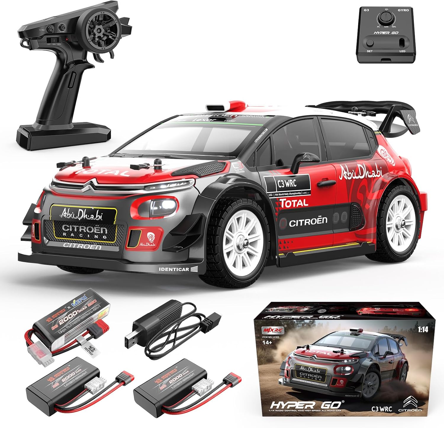 A 1/14 scale MJX Citroen C3 brushless RC drift car with a red and black livery, accompanied by a remote control, two batteries, a charging cable, and additional tire sets.