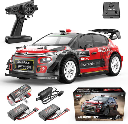 A 1/14 scale MJX Citroen C3 brushless RC drift car with a red and black livery, accompanied by a remote control, two batteries, a charging cable, and additional tire sets.