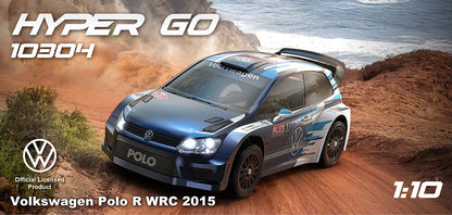 MJX Hyper Go VW Polo RC rally/drift car of Volkswagen Polo R WRC 2015 on a dirt track with ocean view