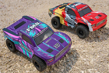 FMS FSC24 Chaser 1/24 RC trucks off-road, one purple and one red and yellow, on a sandy surface.