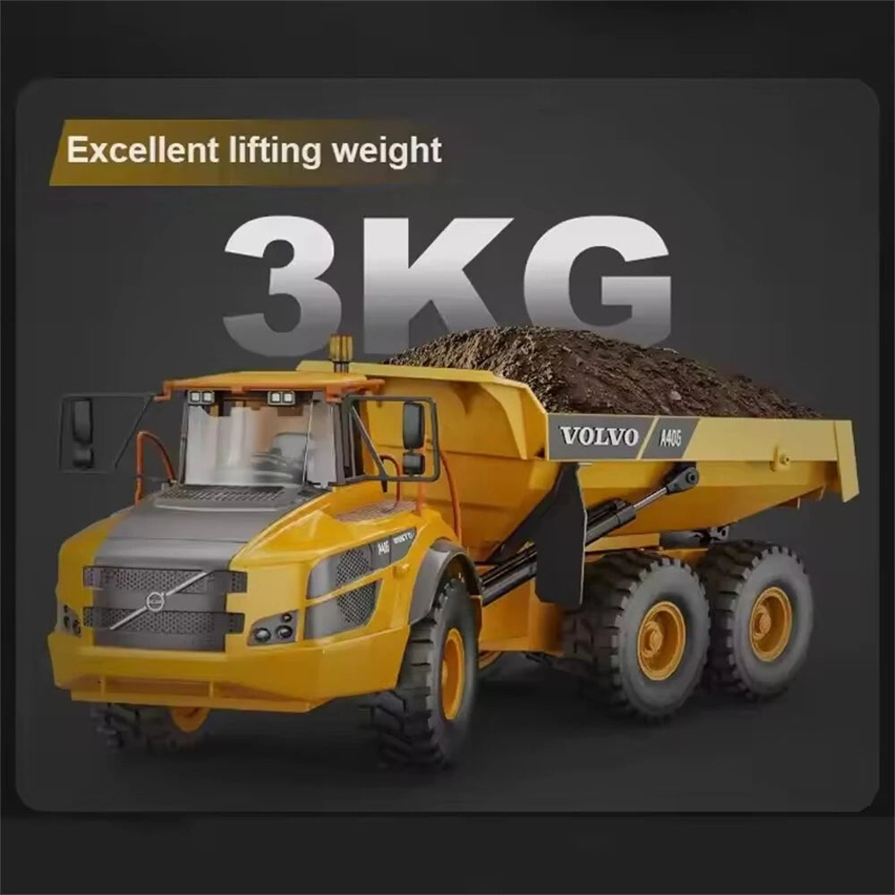Yellow Volvo remote-controlled 1/20 scale dump truck with a load of dirt on a dark background, highlighting 'Excellent lifting weight 3KG'.