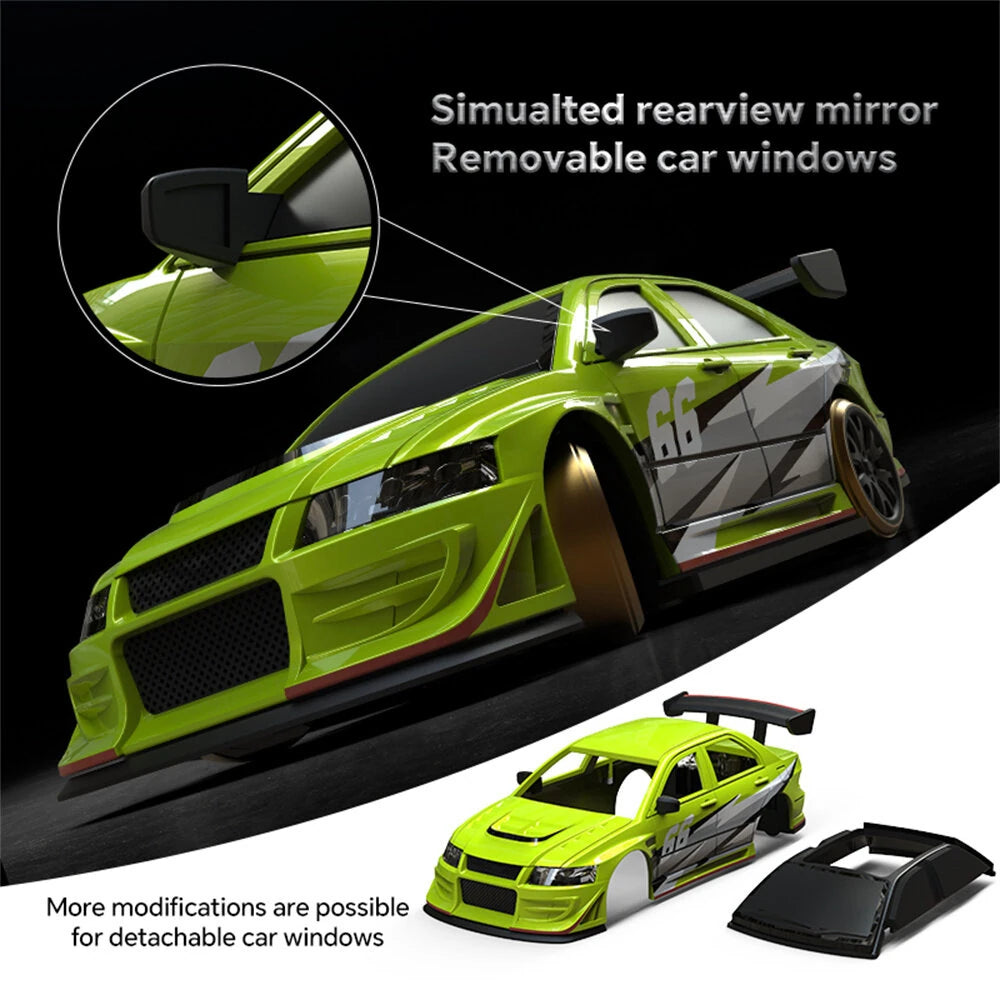 Green Turbo Racing C66 1/76 mini RC drift car with detachable windows and simulated rearview mirror on a black background