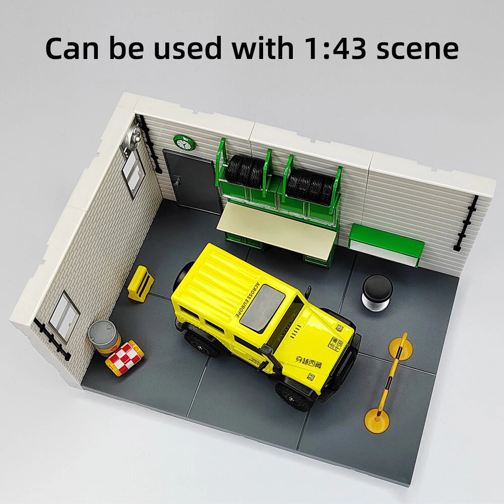 Mini RC crawler garage with a yellow car, shelves, and various items on a gray background.