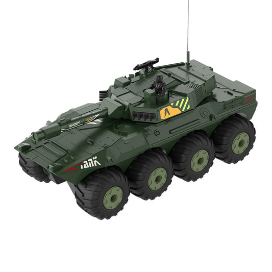 HW Y1802 1/32 RC tank – front 3/4 view displaying green camo hardbody with front hatch, LEDs on, compact tracked design