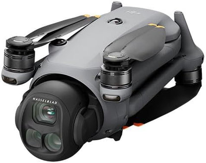 DJI Mini 4 Pro Fly More Combo 4K HDR drone - front three-quarter view with folded propellers, light grey body, orange accents, 3-axis gimbal, 100MP Hasselblad camera, compact and portable