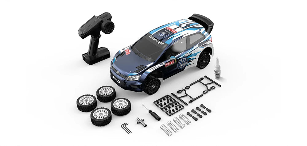 Volkswagen Polo 10304 RC rally/drift car with sleek body shown from angle  with remote control, and various parts on a white background