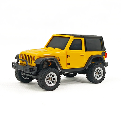 JIABAILE 3601/3602 1/36 scale 4WD RTR RC micro rock crawler, front three-quarter view in yellow body showing detailed grille, compact chassis, and soft off-road tires