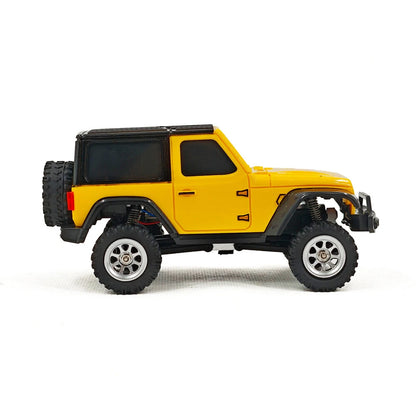 JIABAILE 3601/3602 1/36 4WD rock crawler, side profile in yellow body, coil-over shocks, portal axles, and high-grip tires