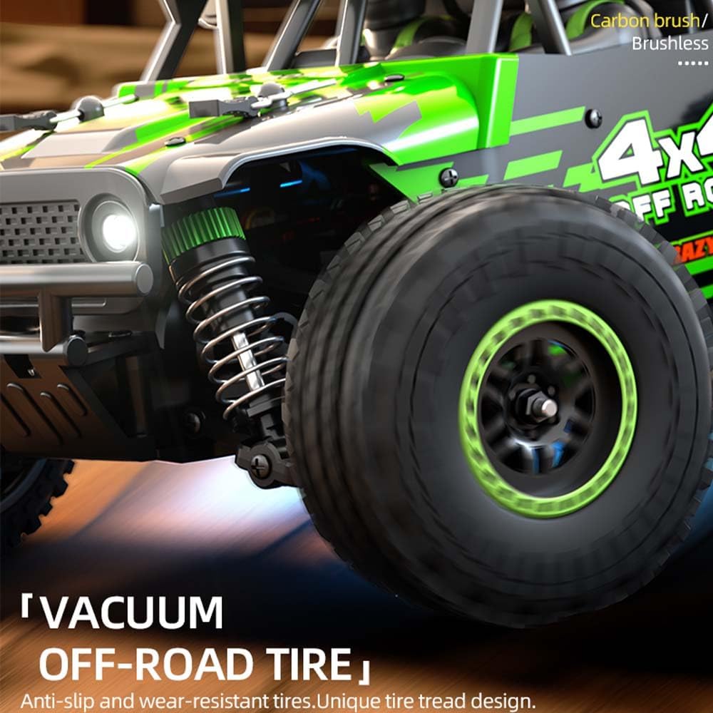 Close-up of a green and black 1/20 4WD high-speed RC monster truck with a vacuum off-road tire, emphasizing its design and features.