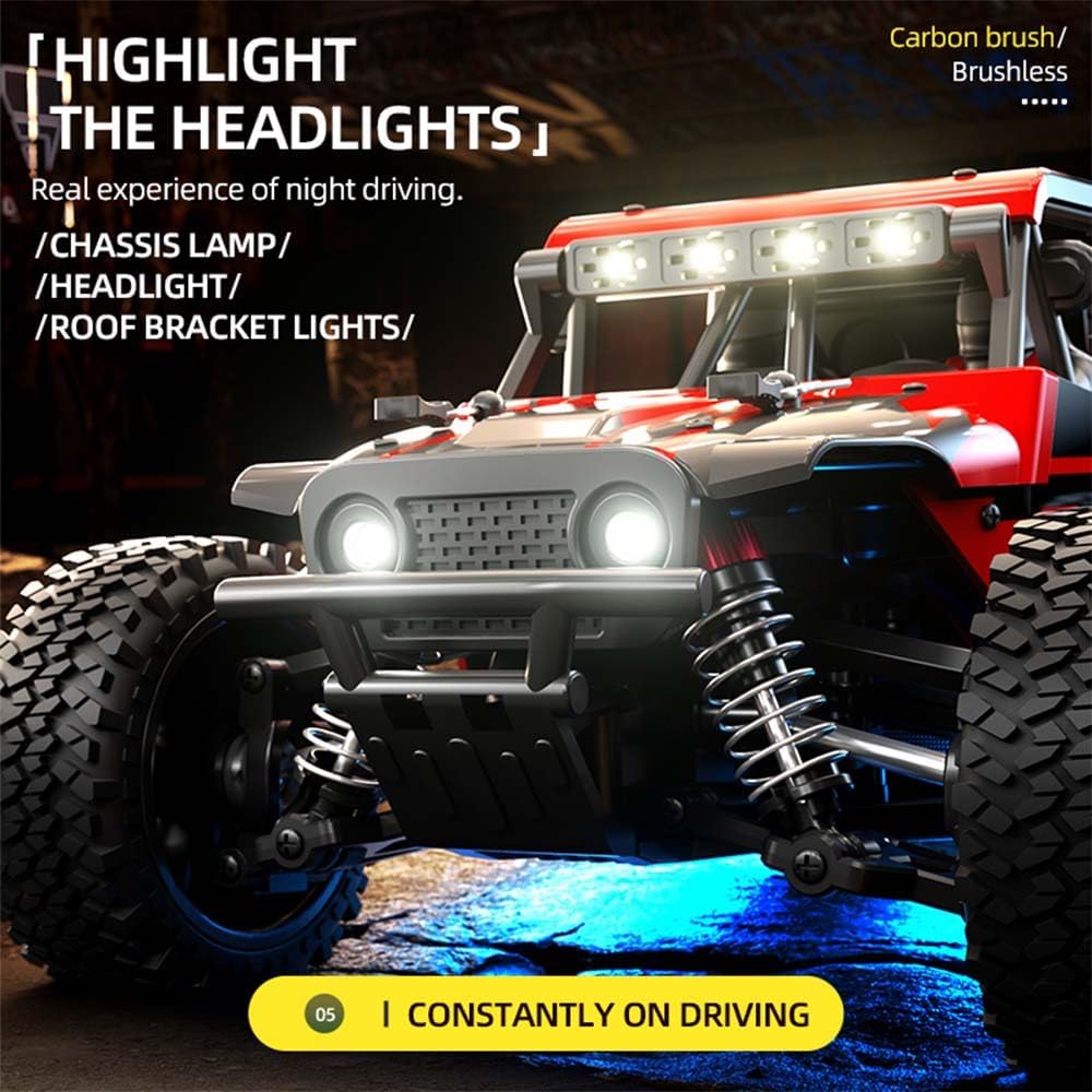1/20 4WD high-speed RC monster truck with illuminated headlights and text about night driving experience.
