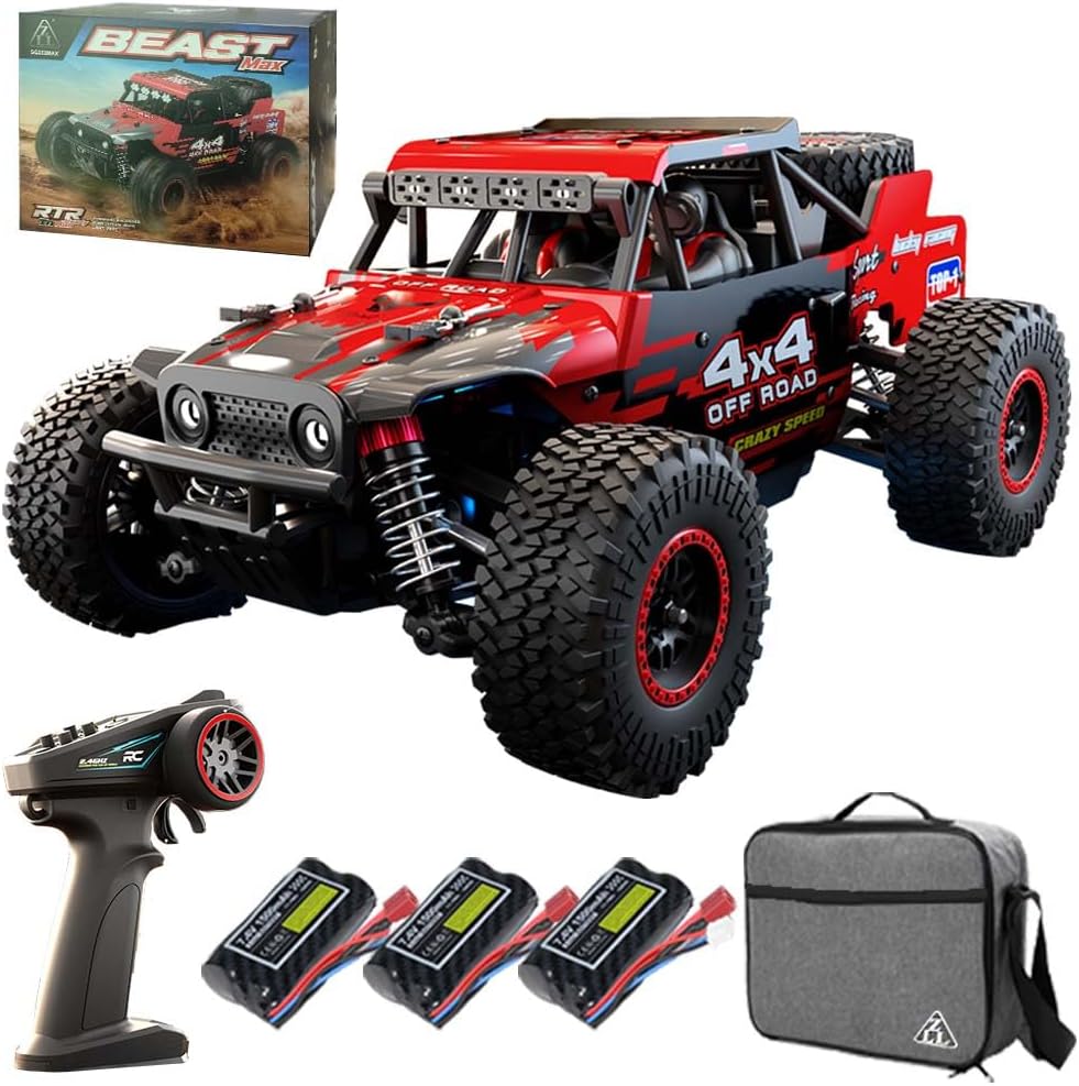 Red and black X-Verse SG202MAX 1/20 4WD brushless RC off-road truck front three-quarter view with remote control, batteries, and carrying case on a white background.