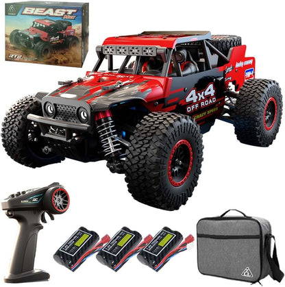 Red and black X-Verse SG202MAX 1/20 4WD brushless RC off-road truck front three-quarter view with remote control, batteries, and carrying case on a white background.