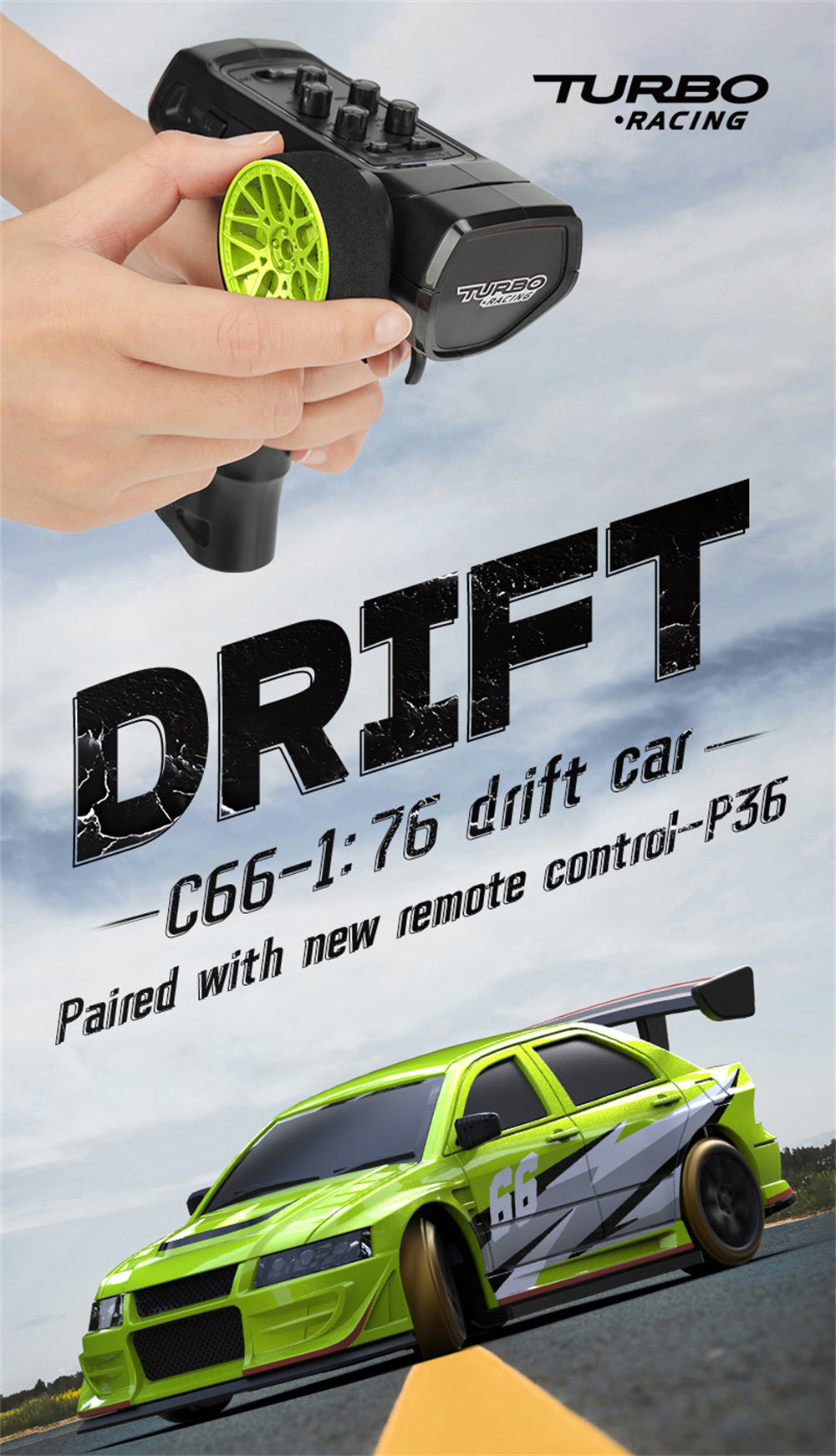 Hand holding a remote control and a green Turbo Racing C66 1/76 2WD mini drift car on a road.