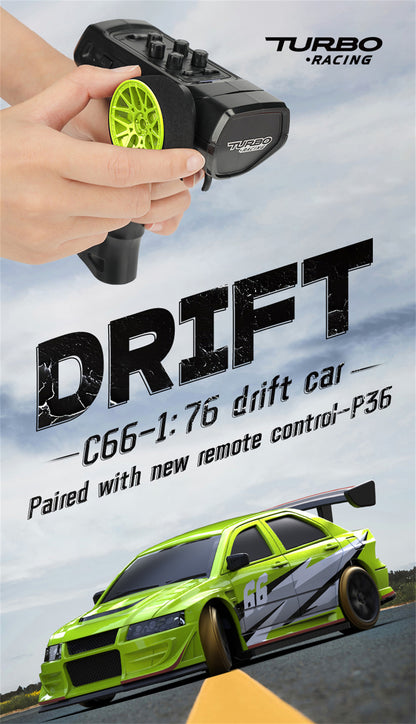 Hand holding a remote control and a green Turbo Racing C66 1/76 2WD mini drift car on a road.