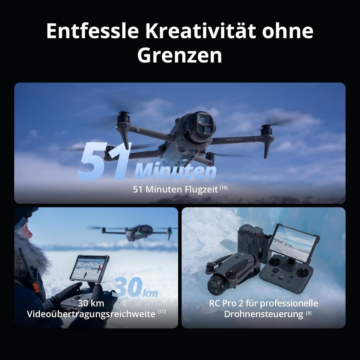 DJI Mavic 4 Pro Fly More Combo with DJI RC Pro 2 controller with text about flight time and range, set against a snowy landscape.