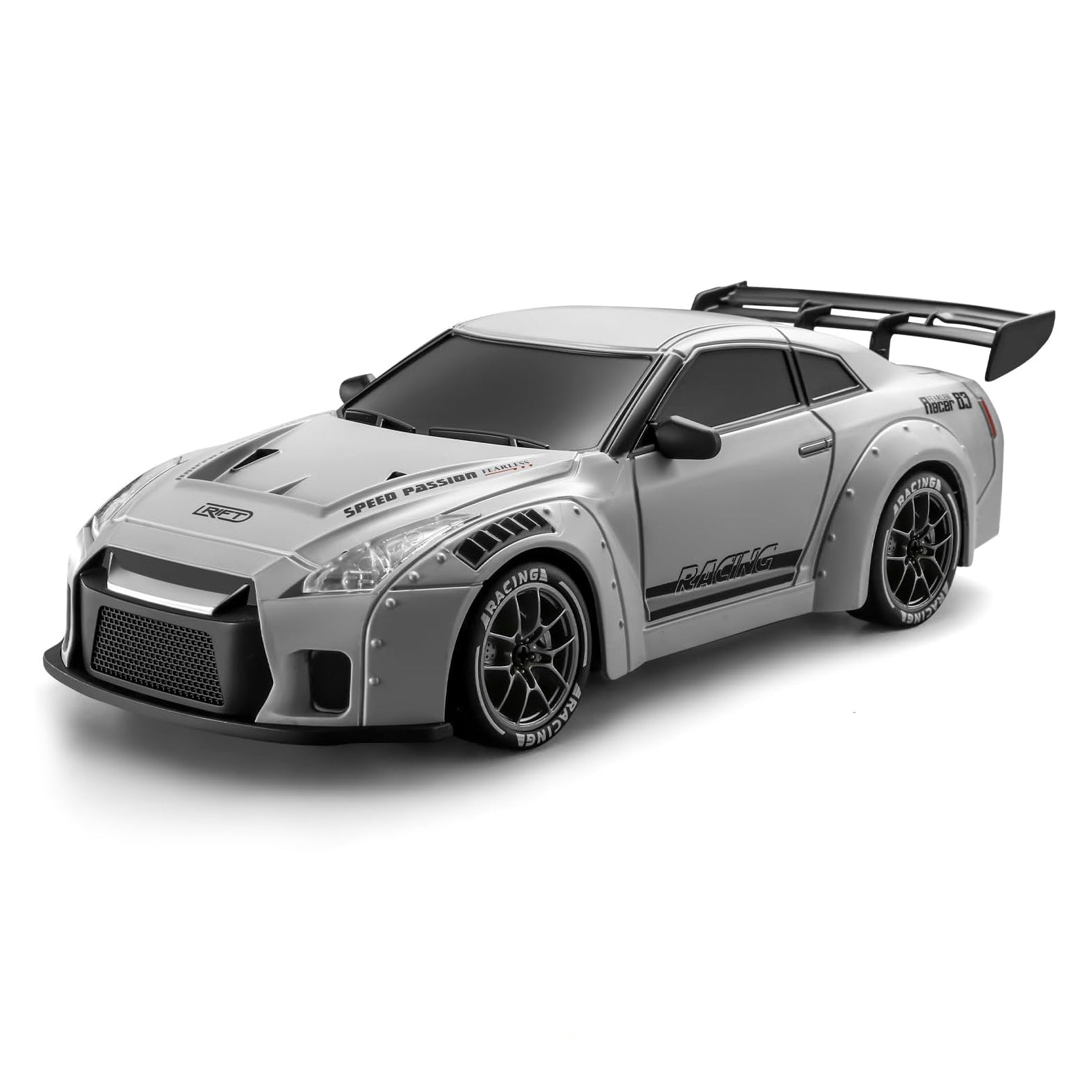 ACAMMZAR 1/24 RC mini drift car Nissan GT-R inspired - front three-quarter view in metallic grey body