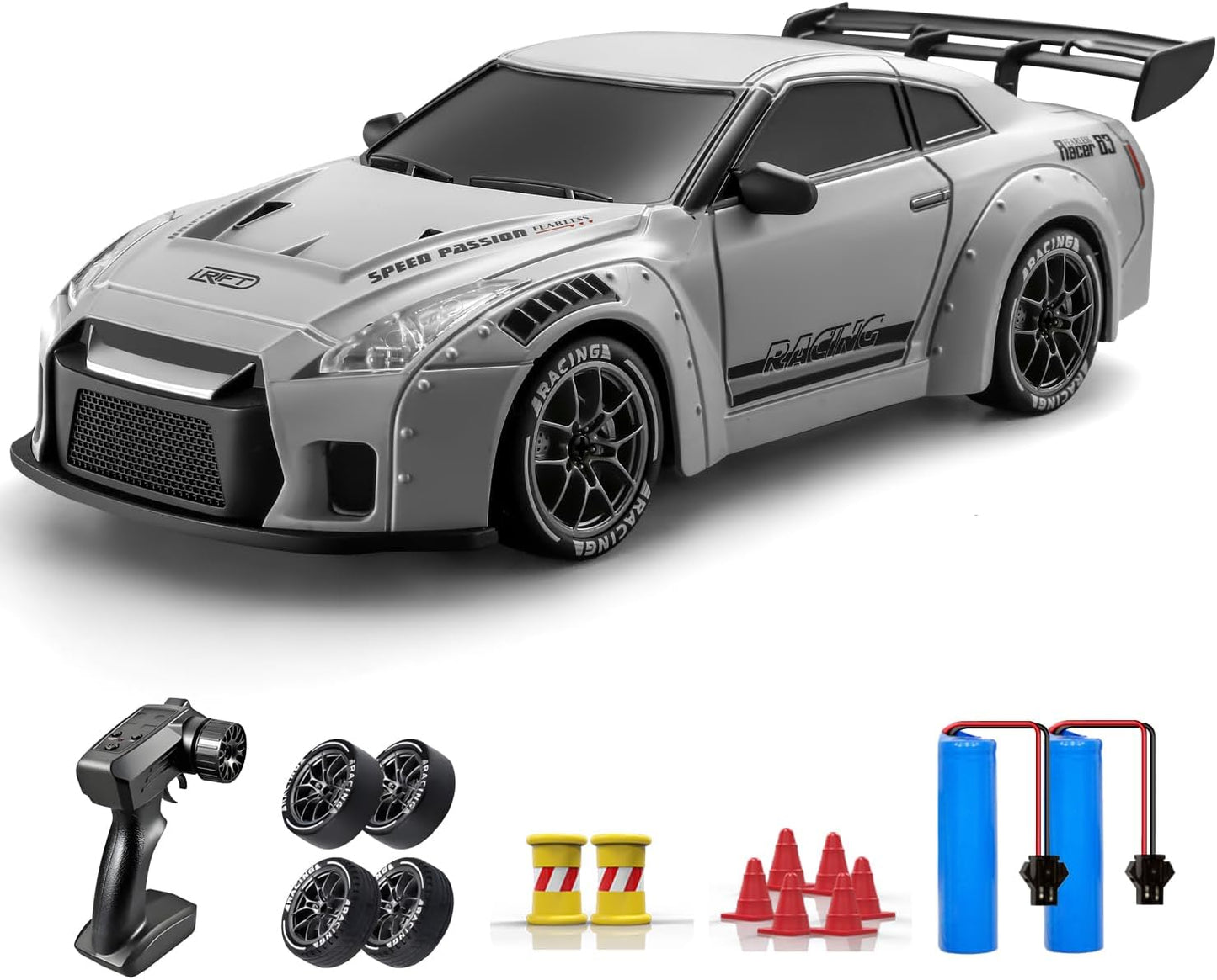 ACAMMZAR 1/24 Nissan GT-R style RC drift car with remote control, tires set, cones, and two batteries