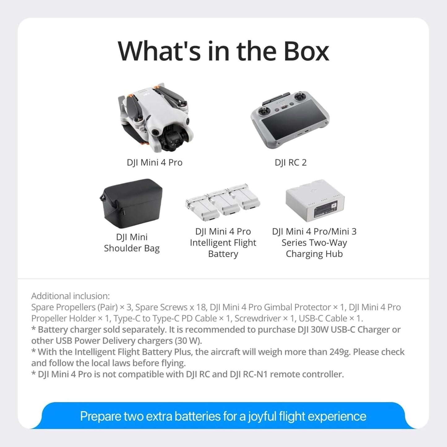 List of items included in a box with DJI Mini 4 Pro Fly More Combo 4K HDR drone.
