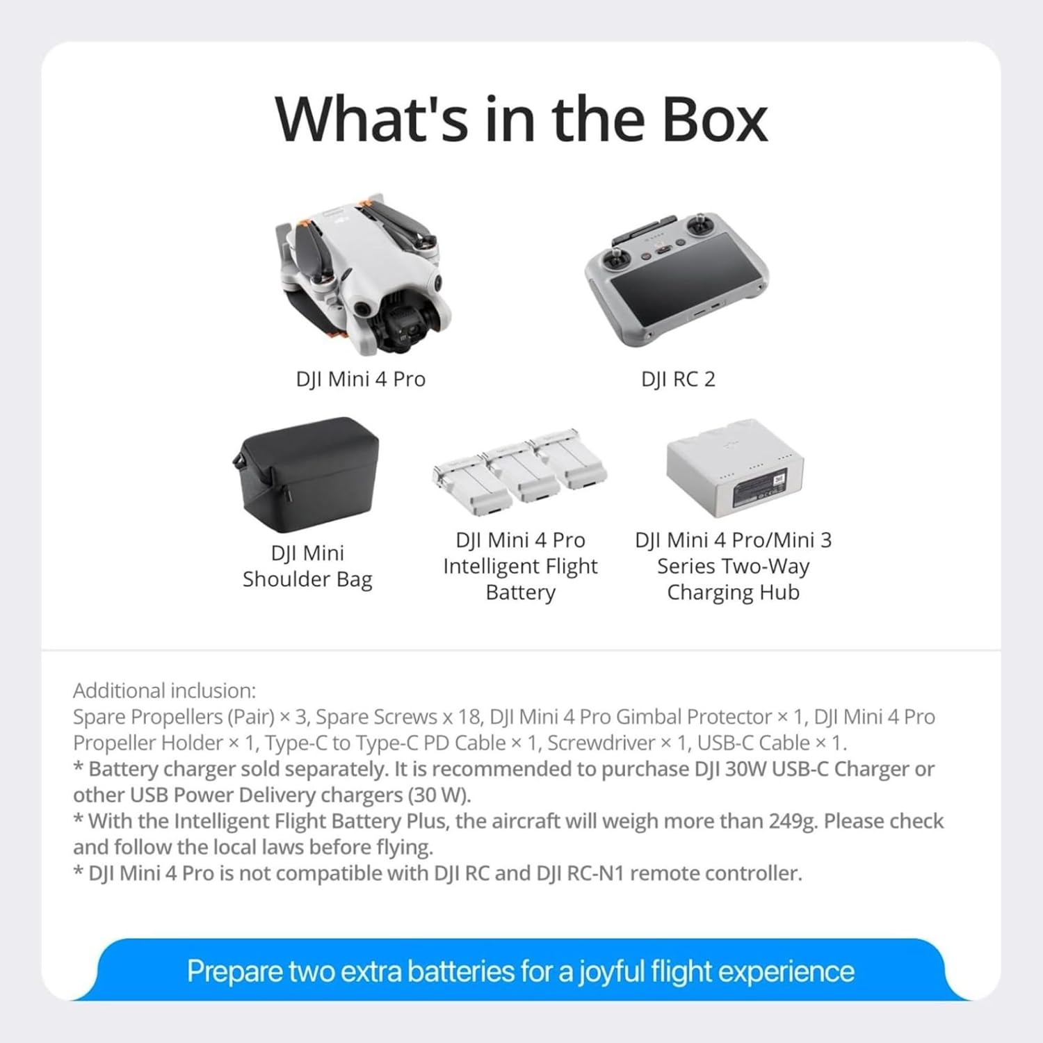 List of items included in a box with DJI Mini 4 Pro Fly More Combo 4K HDR drone.