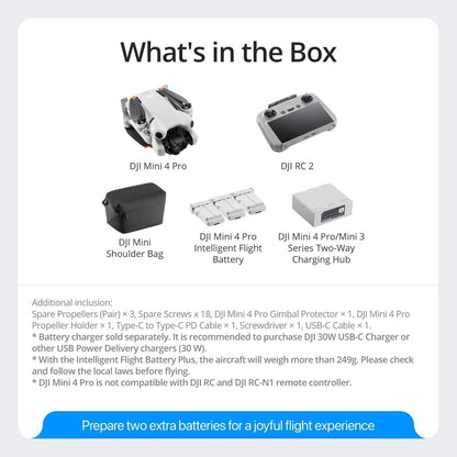List of items included in a box with DJI Mini 4 Pro Fly More Combo 4K HDR drone.