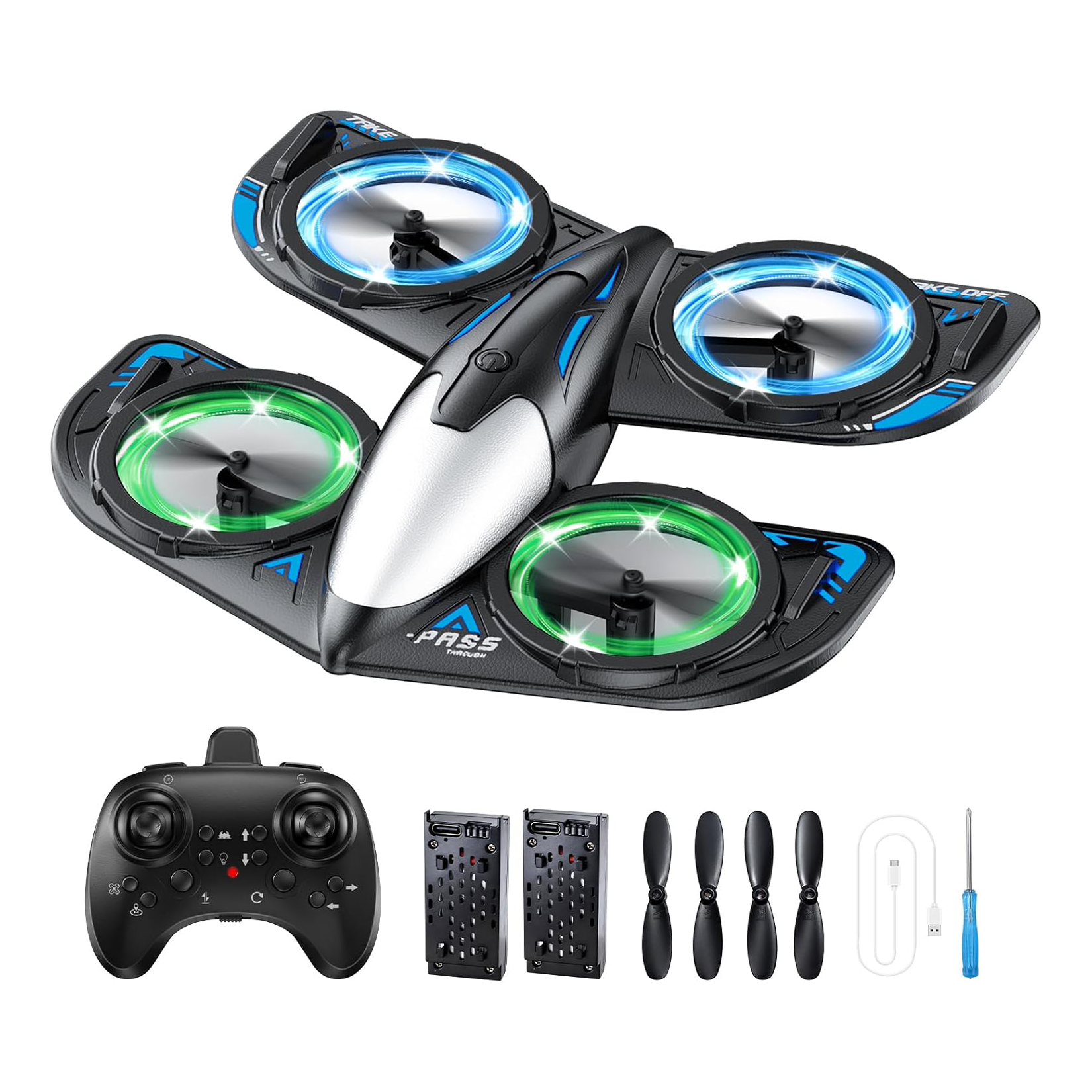 Elinoover RC drone for kids and beginners front three-quarter view with controller, batteries, and accessories