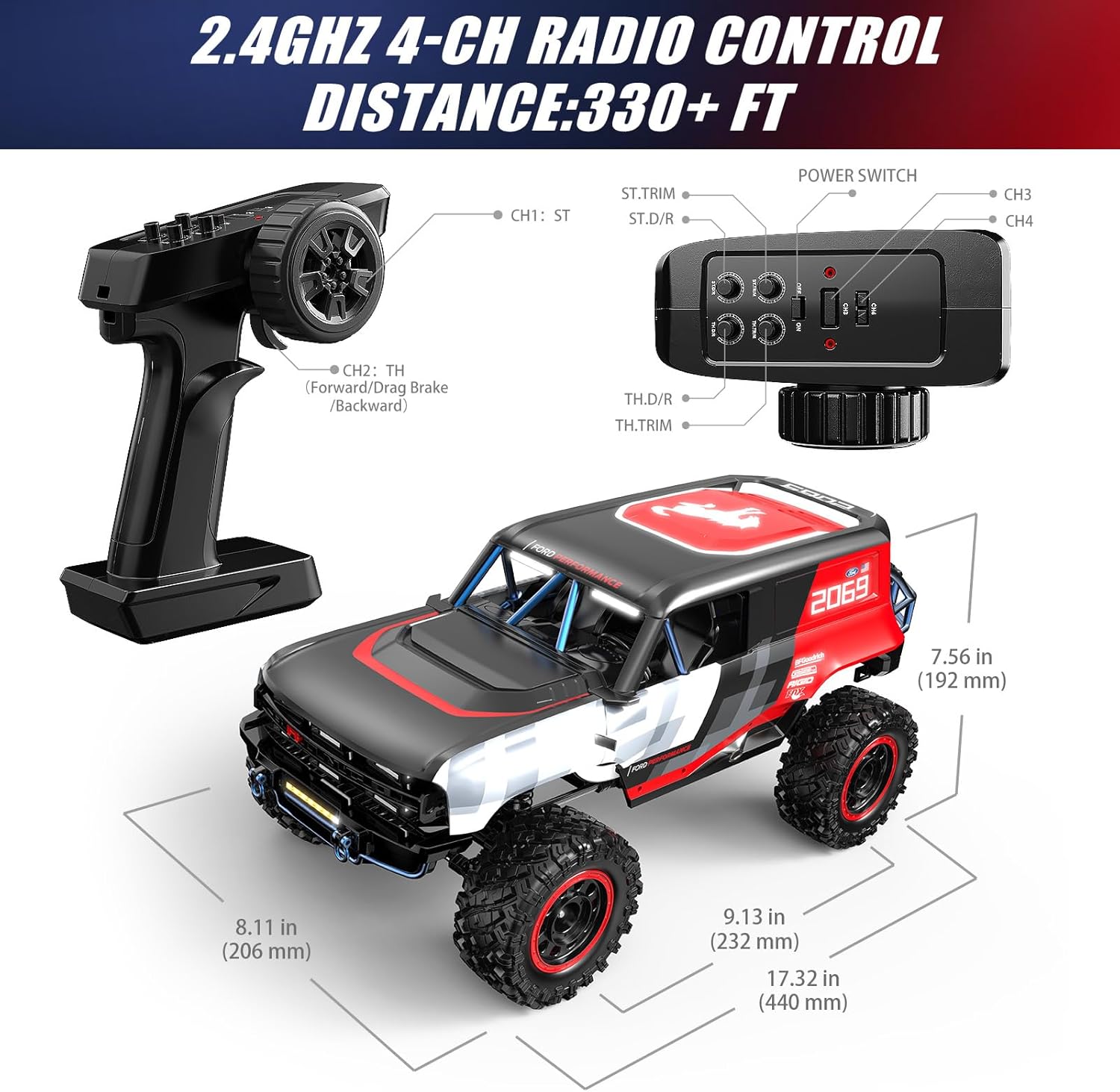 2.4GHz 4-Ch Radio Control 1/12 scale Ford Bronco RC rock crawler with remote control, specifications, and measurements